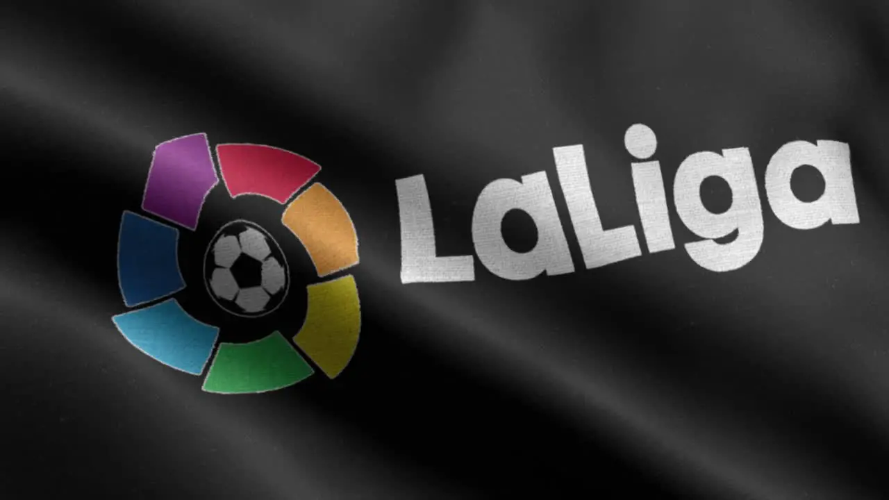 Black closeup 4k animated loop of a waving flag of the Laliga Spanish soccer Association