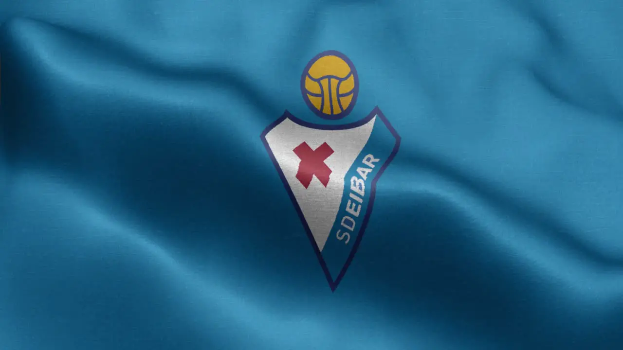 Blue closeup 4k animated loop of a waving flag of the Laliga Spanish soccer team Elbar