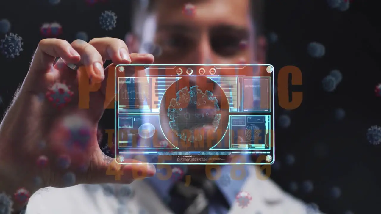 Animation of pandemic text virus cells digital interface over male doctor