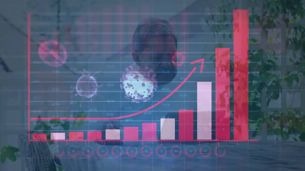 Animation of graph and covid 19 virus cells over man using tablet