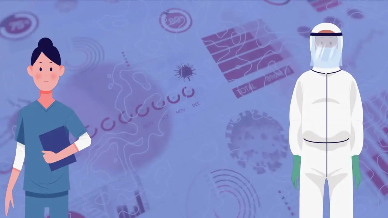 Animation of woman and man in safety uniform over virus cells and data on violet background