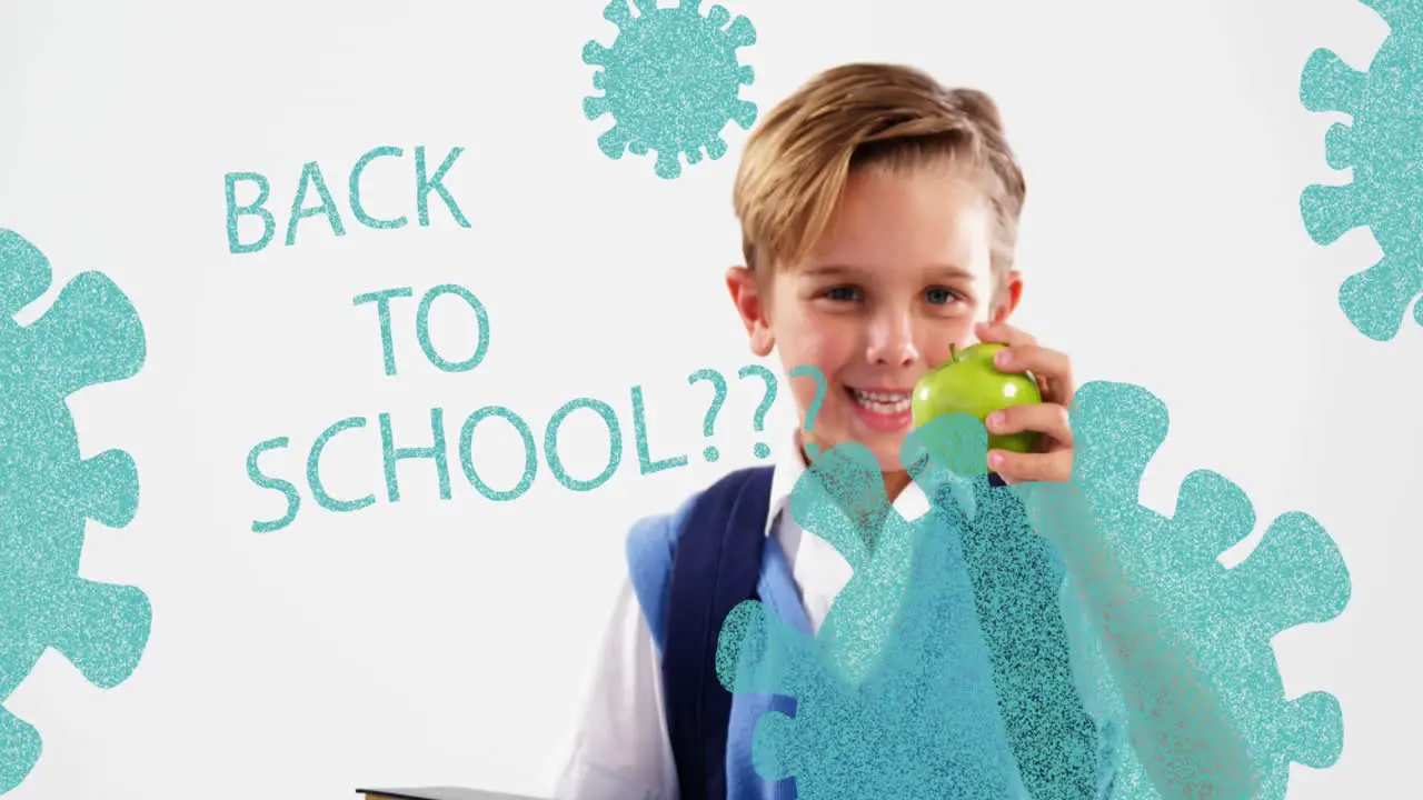 Animation of back to school text over virus cells over caucasian schoolboy