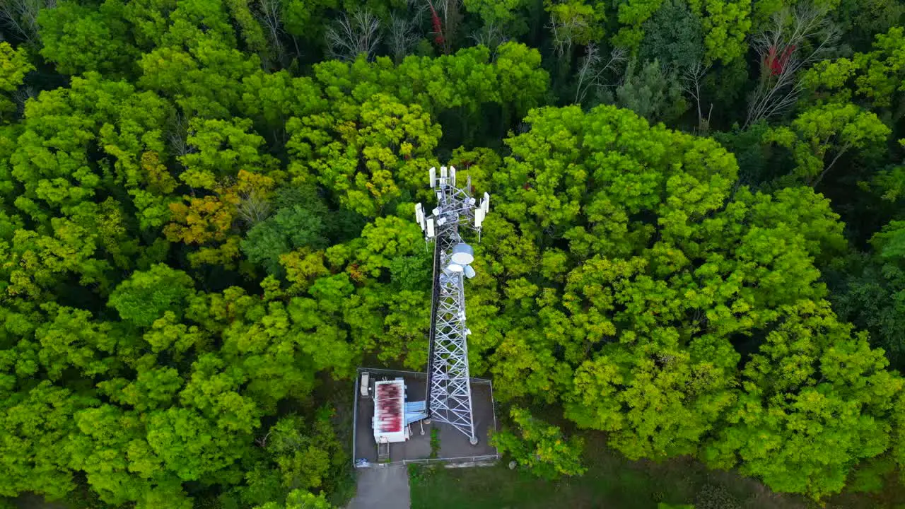 Orbital aerial of a communications tower in the middle of forest trees