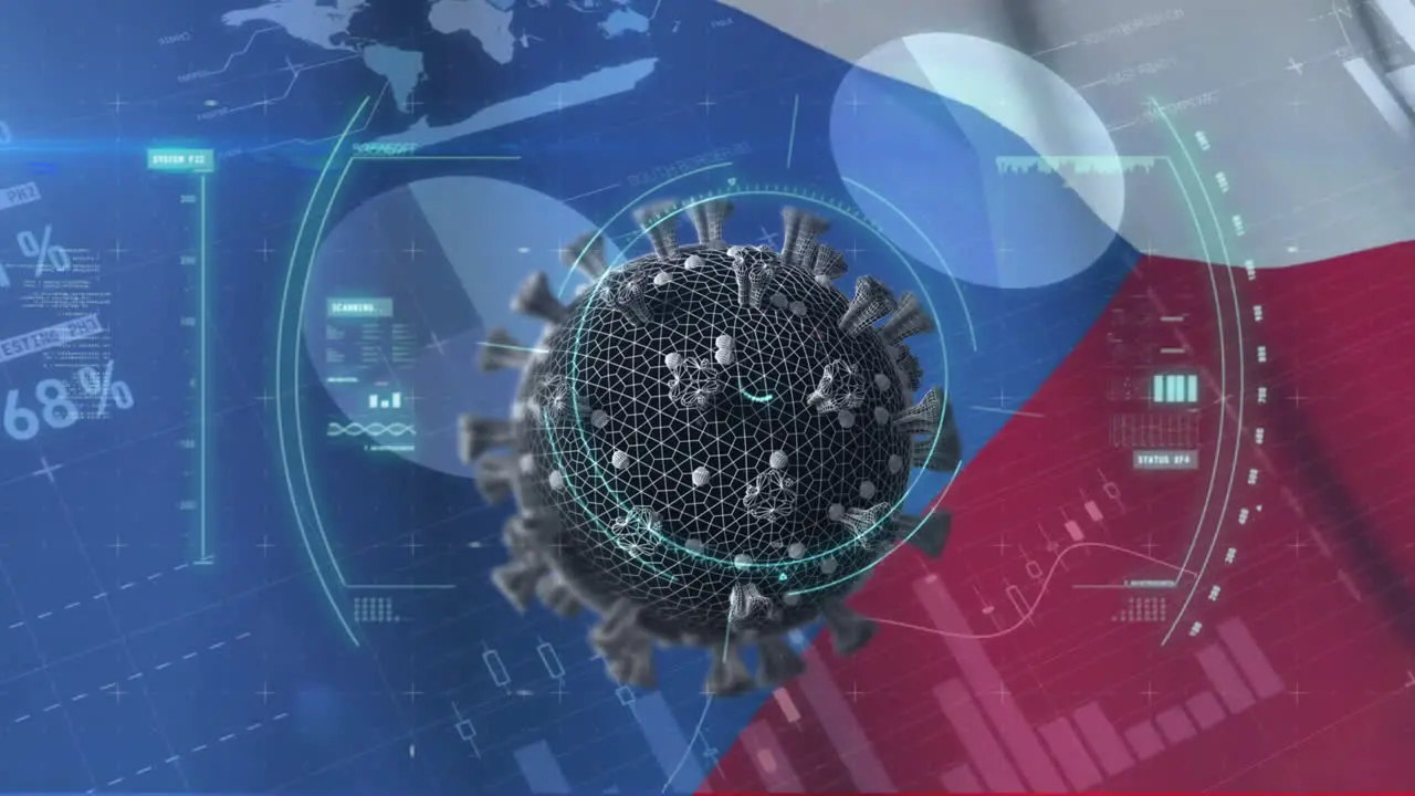 Animation of flag of czech republic data processing and covid 19 virus cell