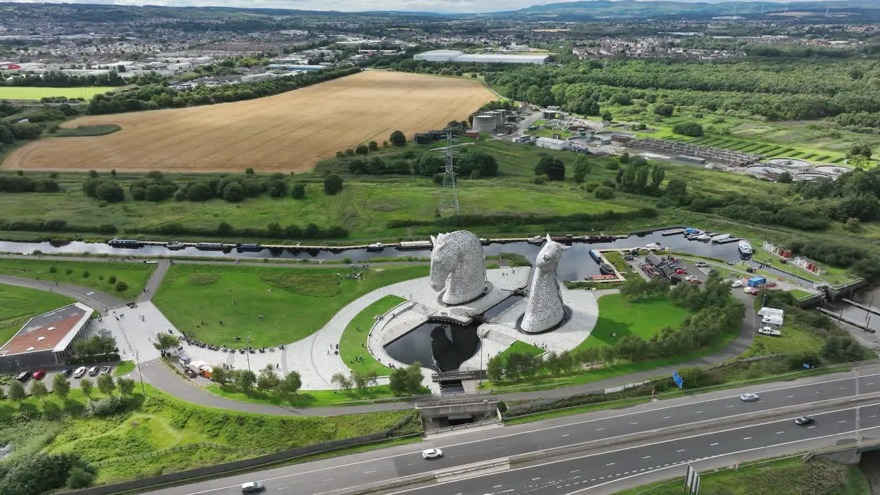 4K aerial Orbit around the The Kelpies the largest quine sculptures in the world