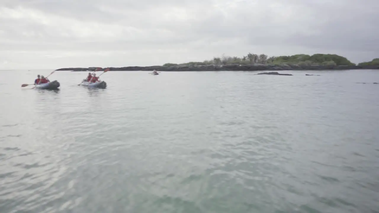 Several tourists are kayaking on the ocean of the Galapagos islands near small volcanic rocks