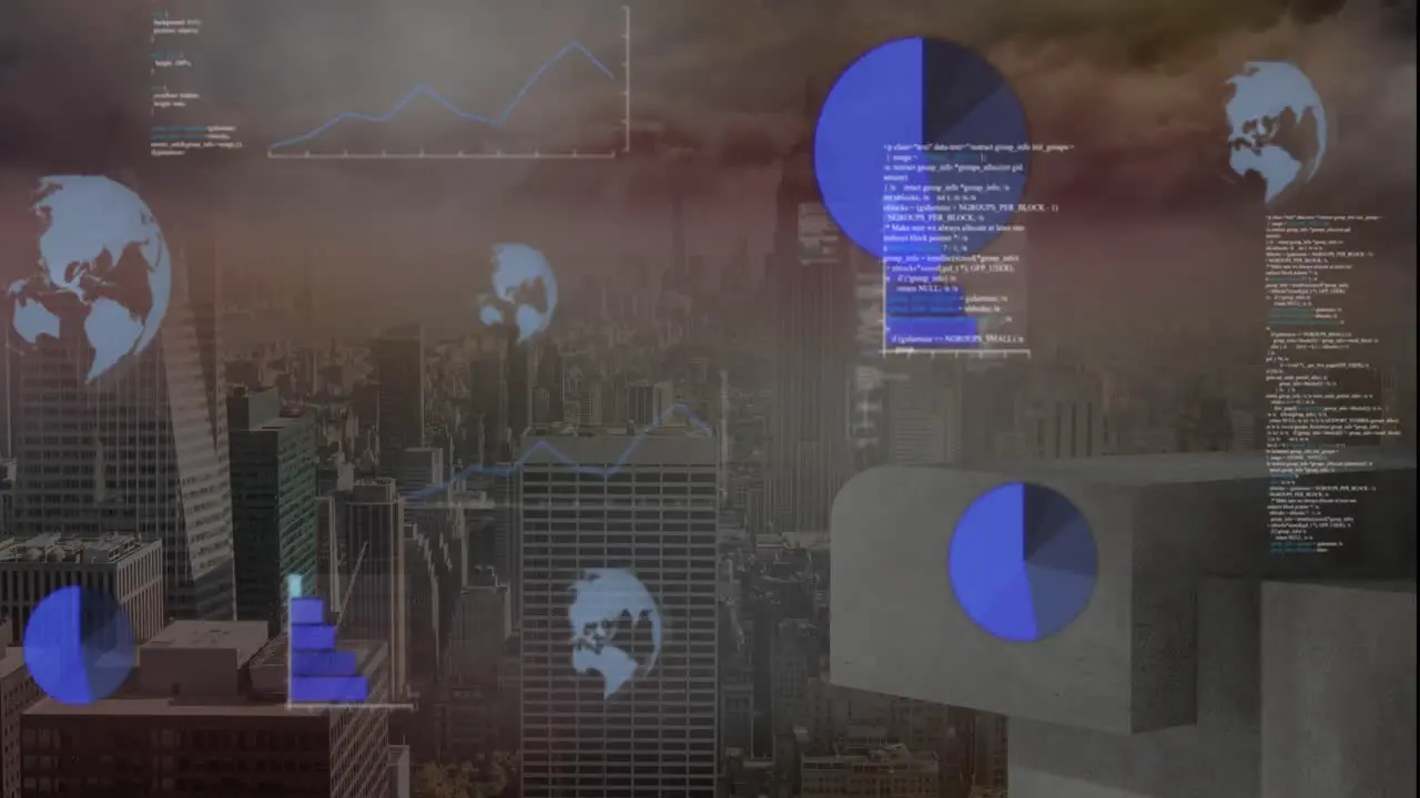 Animation of graphs globes computer language over modern city against cloudy sky