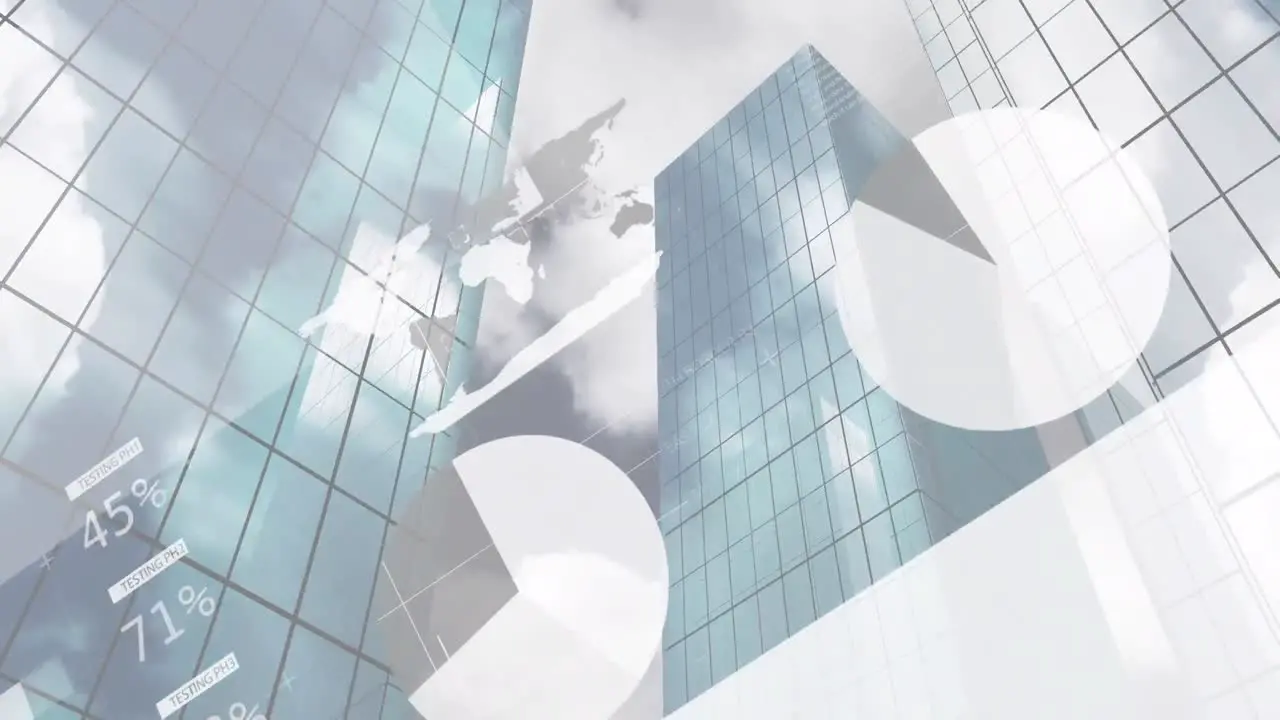 Animation of infographic interface over low angle view of glass buildings against cloudy sky