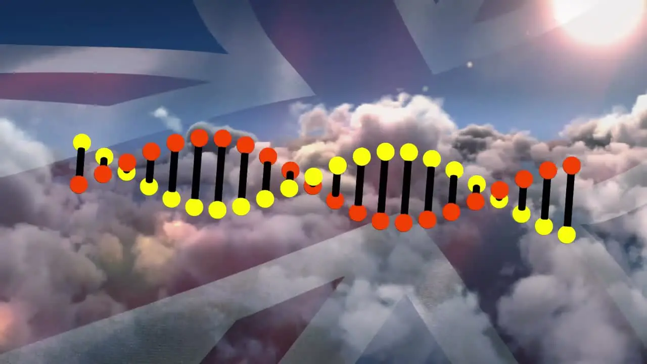 Animation of dna strand rotating over uk flag and cloudy sky