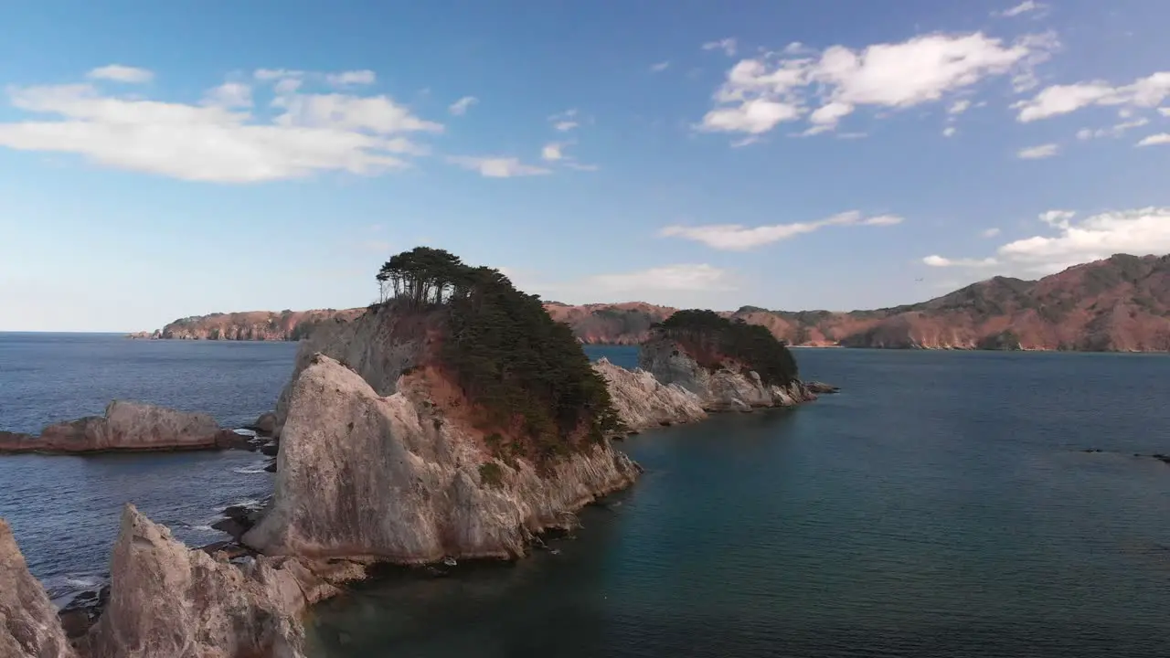 Aerial Drone over famous rocks at Jodagahama beach in Tohoku Japan