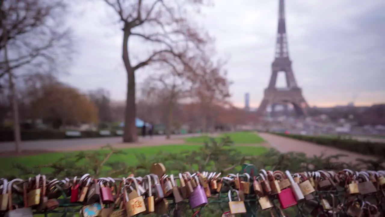 Love padlocks in Paris with view of the Eiffel Tower romantic symbols in Paris tourism in France