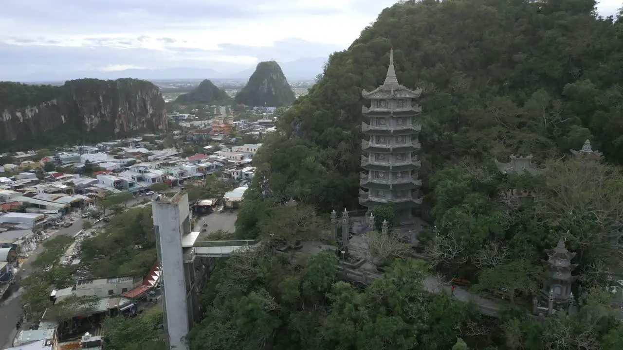 Stunning temple tower in Da Nang Marble Mountains Vietnam on a cloudy day