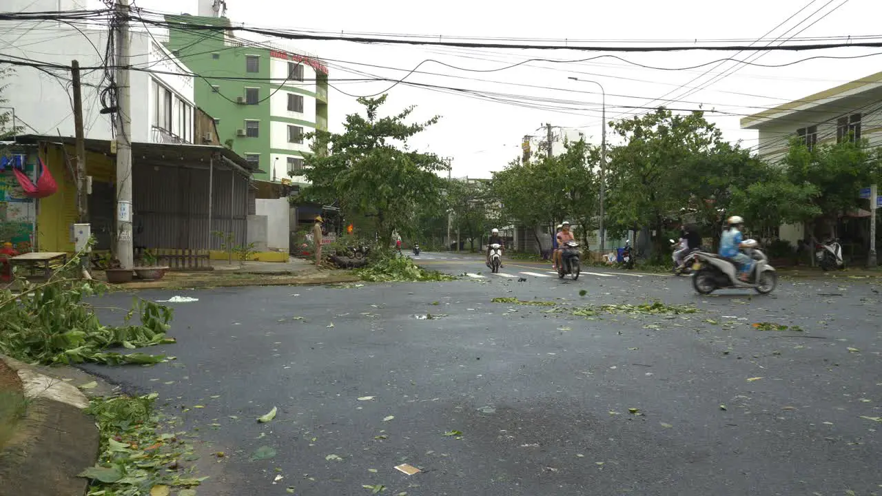 Tropical Storm Aftermath Trees and Leaves on City Street Streets and Motorbike Riders Passing By