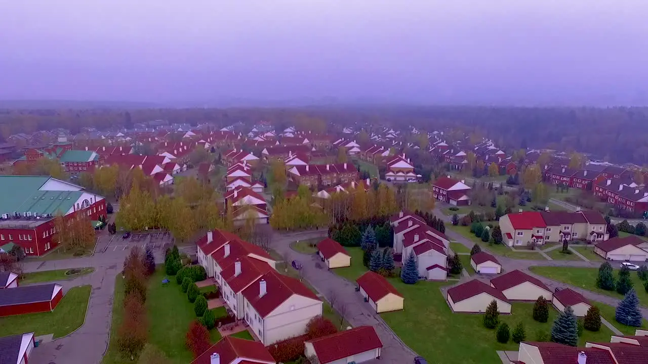 Aerial view of a Russian neighborhood on a foggy autumn day