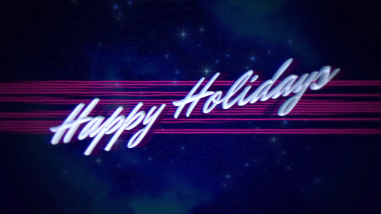 Festive neon sign Happy Holidays in pink and blue lights on black background