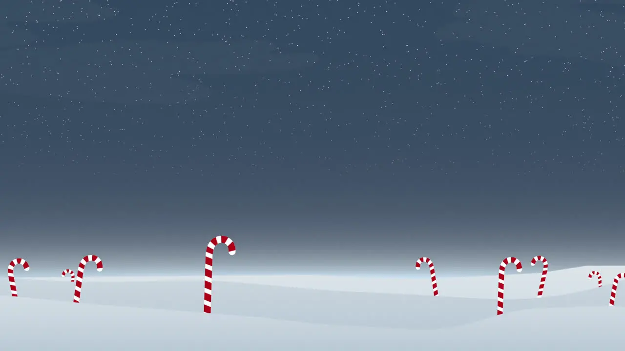 Festive field snow-covered candy canes under starry night sky