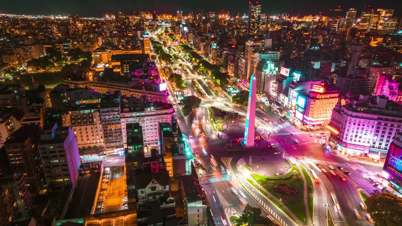 Aerial Hyperlapse Above Buenos Aires Obelisk Argentina Night in 9 de Julio Avenue and City Center Vibrant Lights and Colors Urban Transportation in Motion