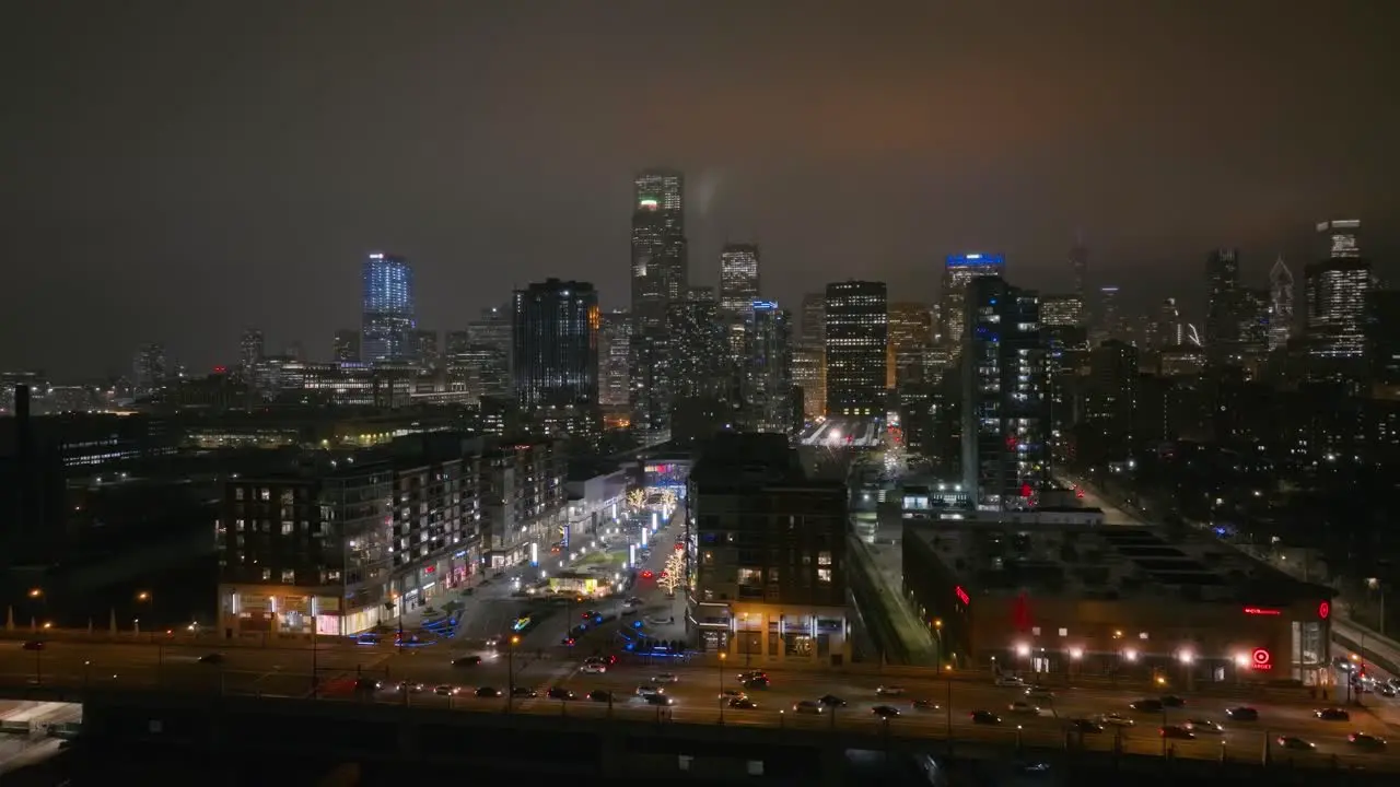 Aerial view of the illuminated Roosevelt Collection shopping mall night in Chicago USA