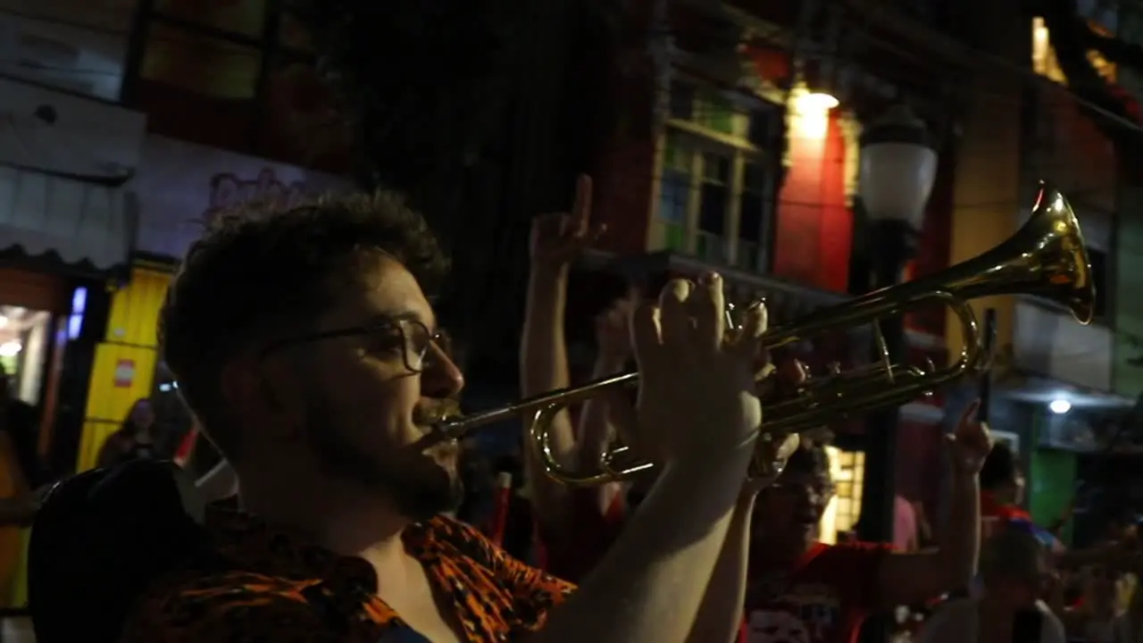 Nighttime celebration after the October 2022 election of Luiz Inácio Lula da Silva blowing horns and playing music