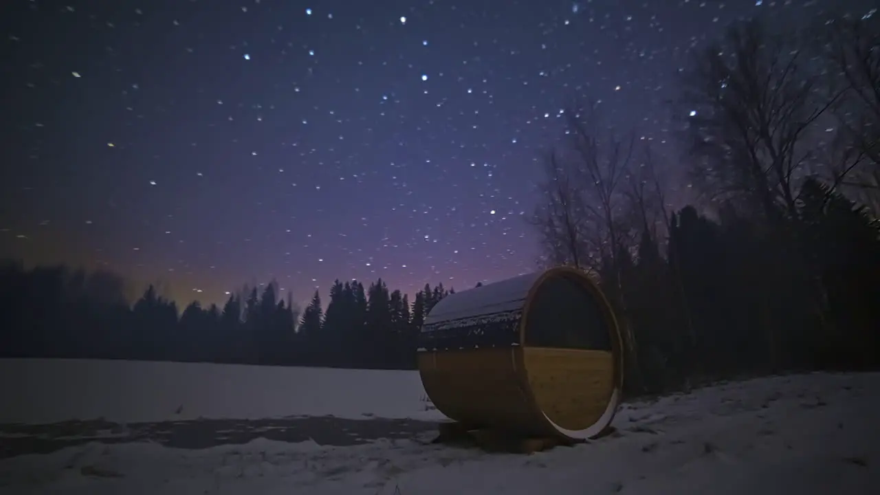 Beautiful Stars At Night Over Forest And Thermowood Barrel Sauna