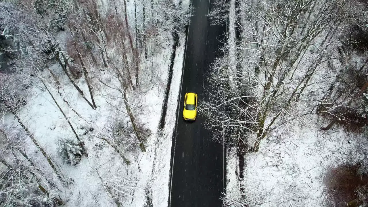 Beautiful snowy nature yellow car driving through a winter forest