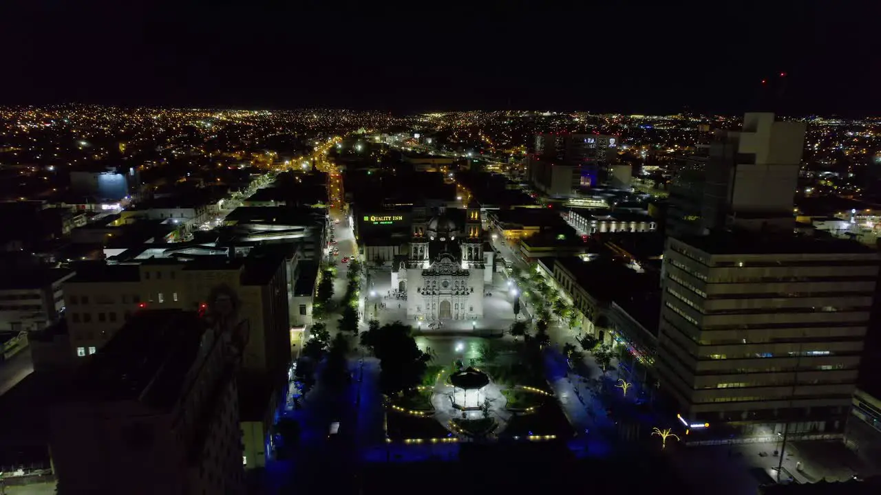 Aerial view towards the Roman Catholic Archdiocese of Chihuahua during nighttime in Mexico