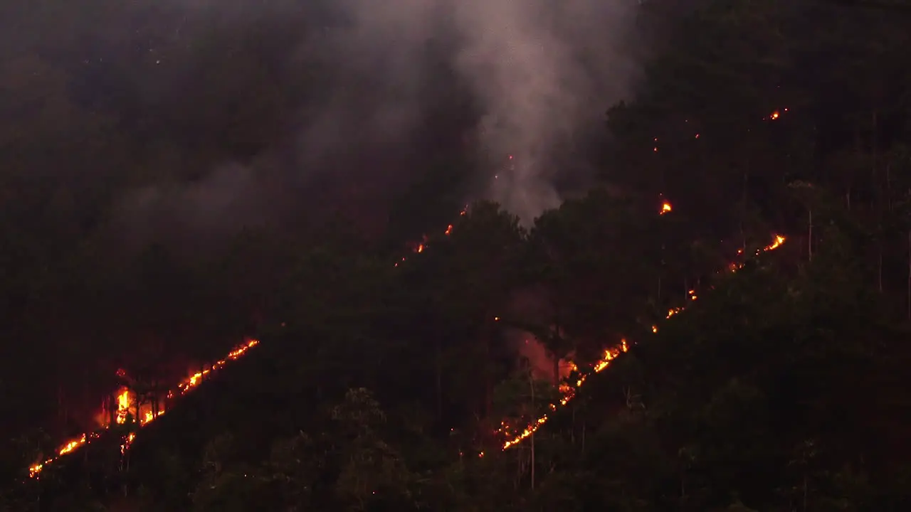 Massive Wildfire Destroying The Mountain Forest At Night In Vietnam