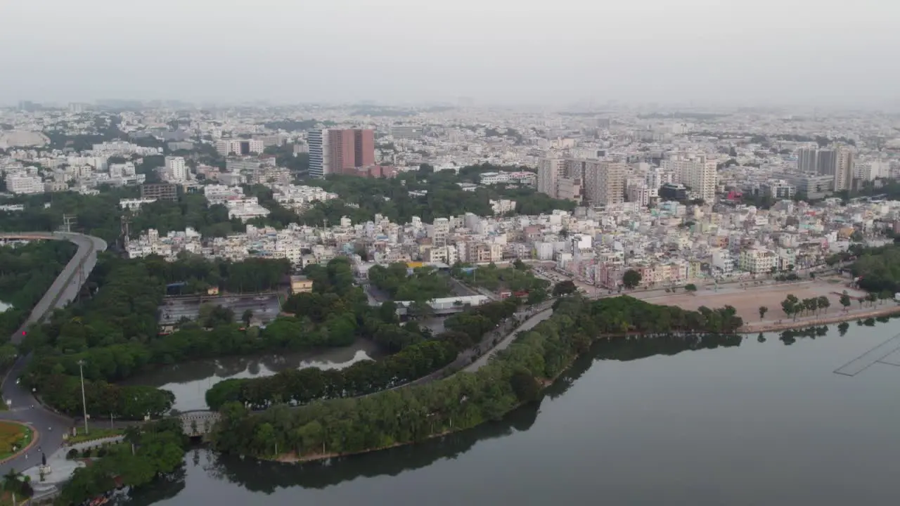 Aerial footage of the Hyderabad Khairatabad flyover area near the Indira Priyadarshini Gandhi Statue the capital and largest city of the Indian state of Telangana