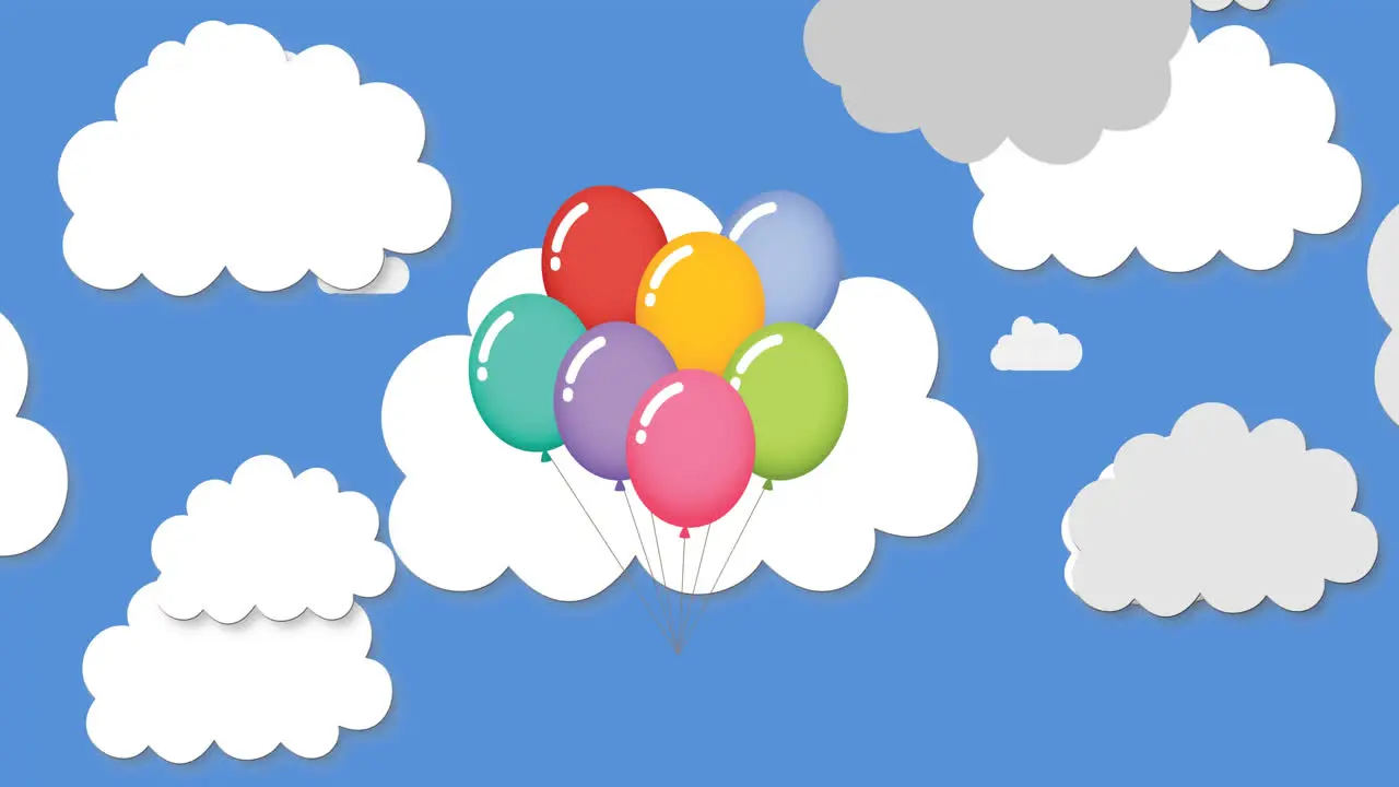 Animation of flying balloons over clouds on blue background