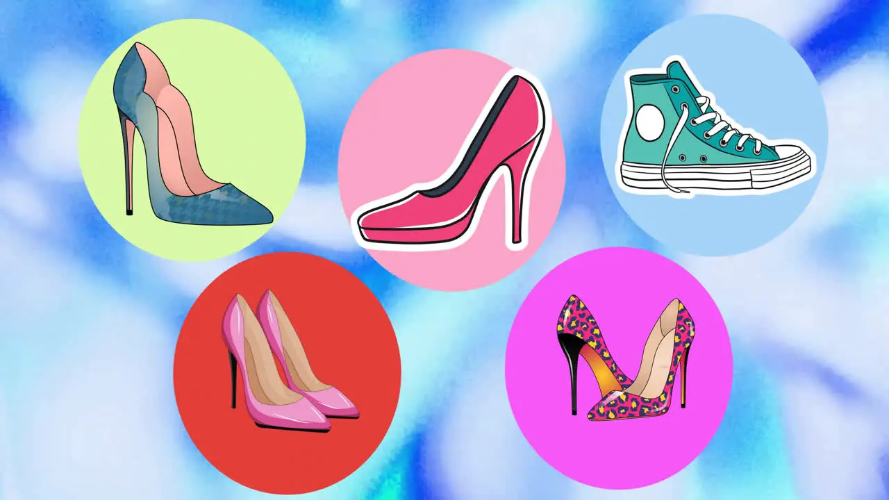 Animation of colourful shoes and spots on blue background