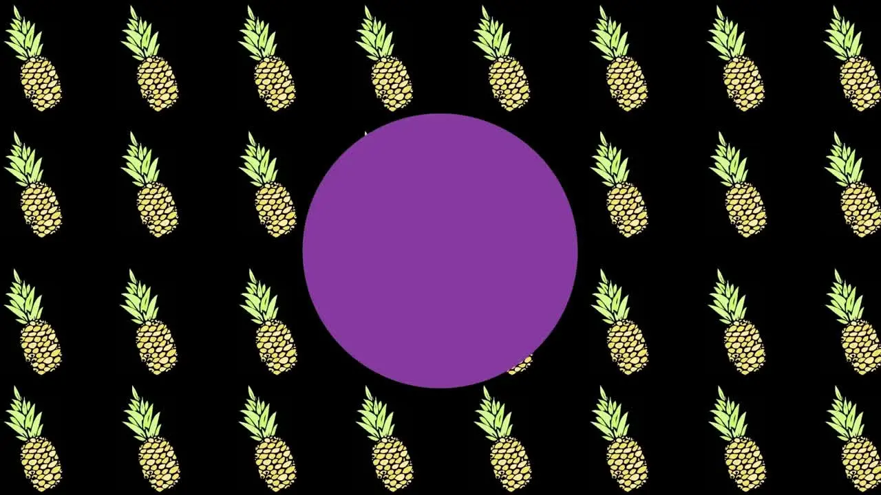 Animation of purple spots and pineapples on black background