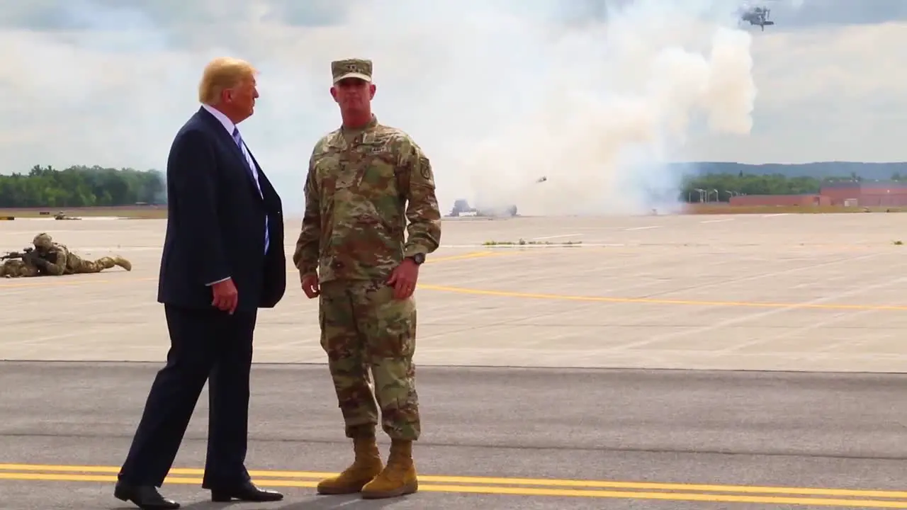 Us President Donald J Trump Greets Commanders And Watches An Aerial Display During His Visit To Fort Drum Ny To Sign The 2019 National Defense Authorization Act 4