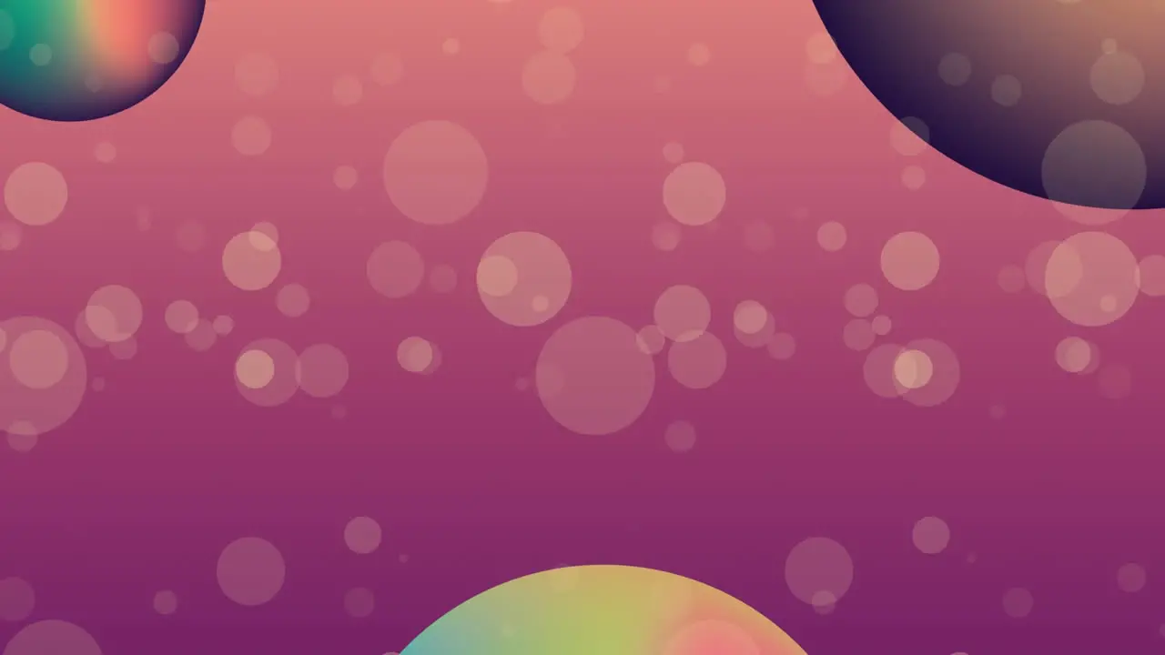 Animation of yellow spots and gradient spheres against purple gradient background with copy space