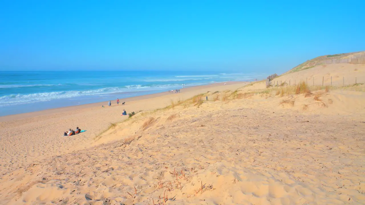 High angle shot from over sand dunes of Labenne Ocean beach seen from above Les Landes