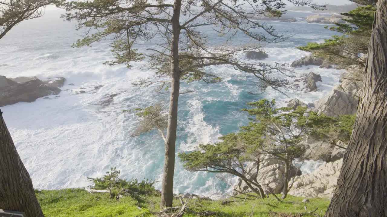 Stationary shot of waves from a grassy hillside in Big Sur California with Pacific ocean waves in the background