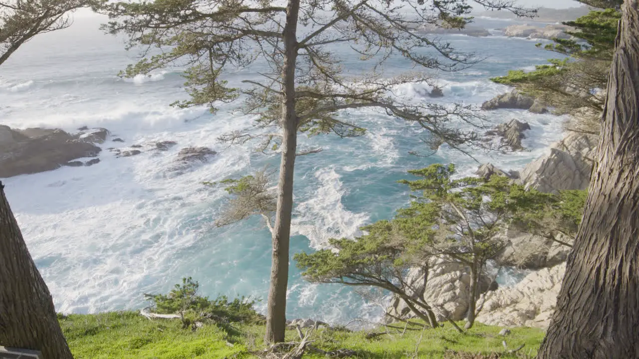 mountainside view of Pacific ocean with calming waves at a Big Sur California beach