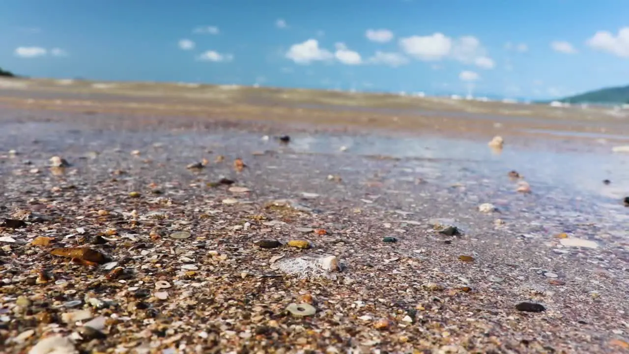 Waves at tropical beach hitting sand and seashells