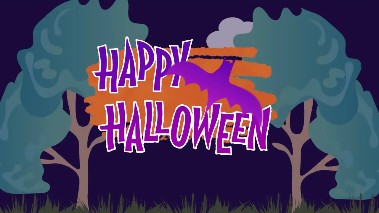 Animation of halloween greetings and bat over dark blue background with trees