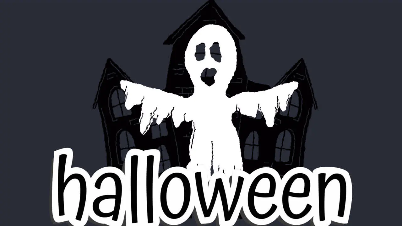 Animation of halloween text over ghost and haunted house on dark background