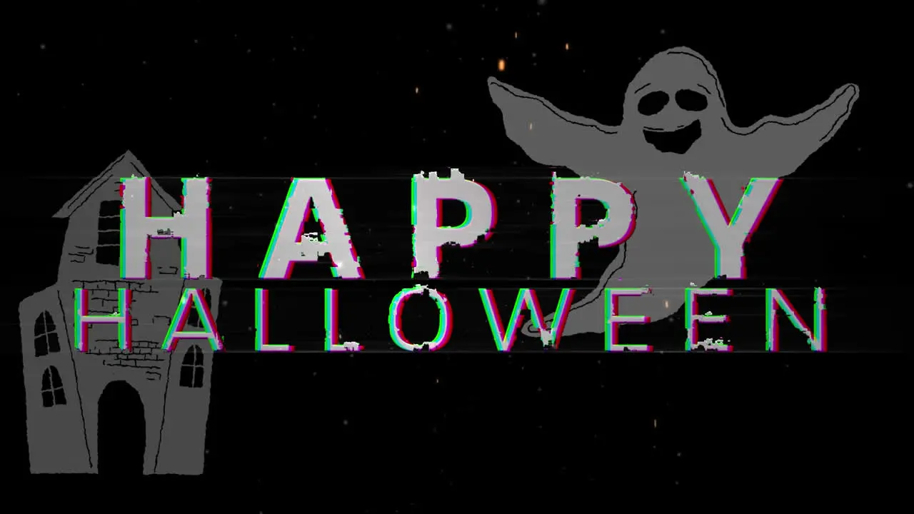 Animation of happy halloween text over ghost and haunted house on dark background