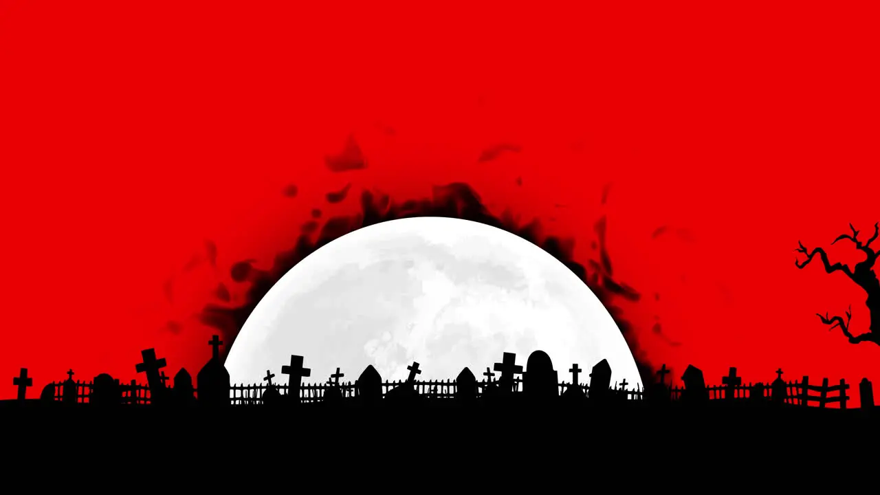 Animation of flames over moon and halloween cemetery on red background