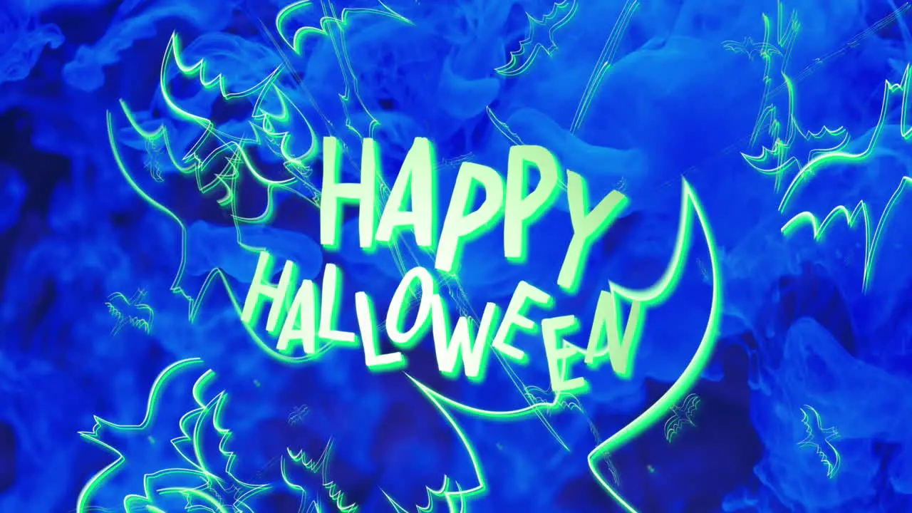 Animation of happy halloween text and bats over blue background