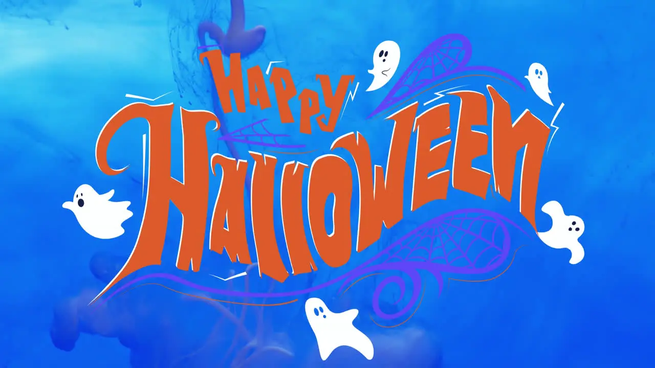 Animation of happy halloween text and ghosts over blue background