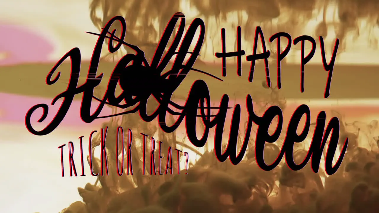 Animation of happy halloween text and spider over yellow background