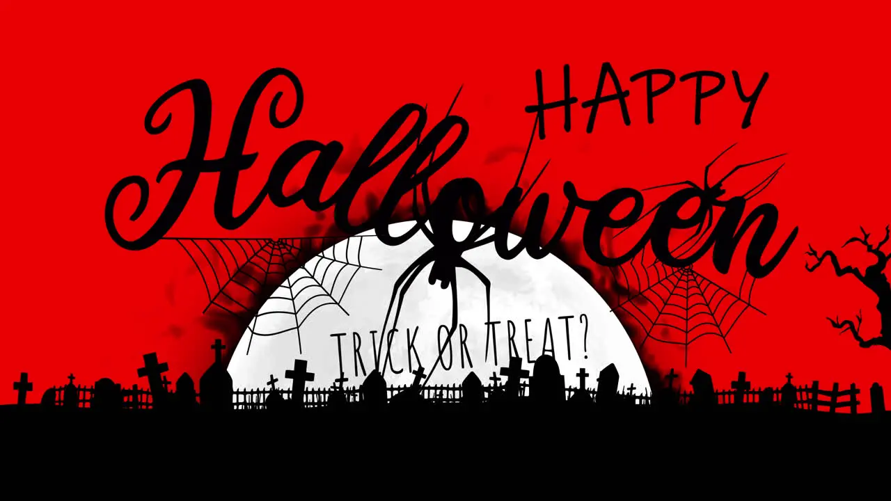 Animation of happy halloween trick or treat with spider cemetery on red background