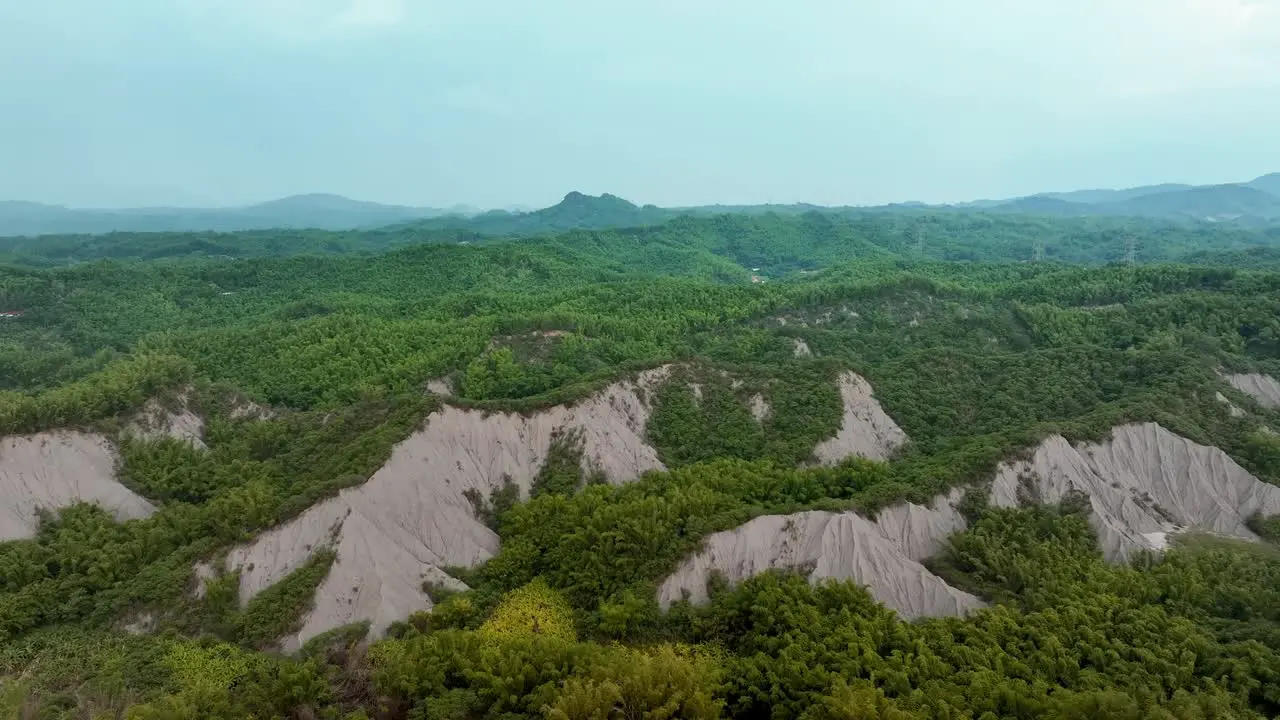 Aerial drone shot of mud volcano area during cloudy day in Taiwan Asia