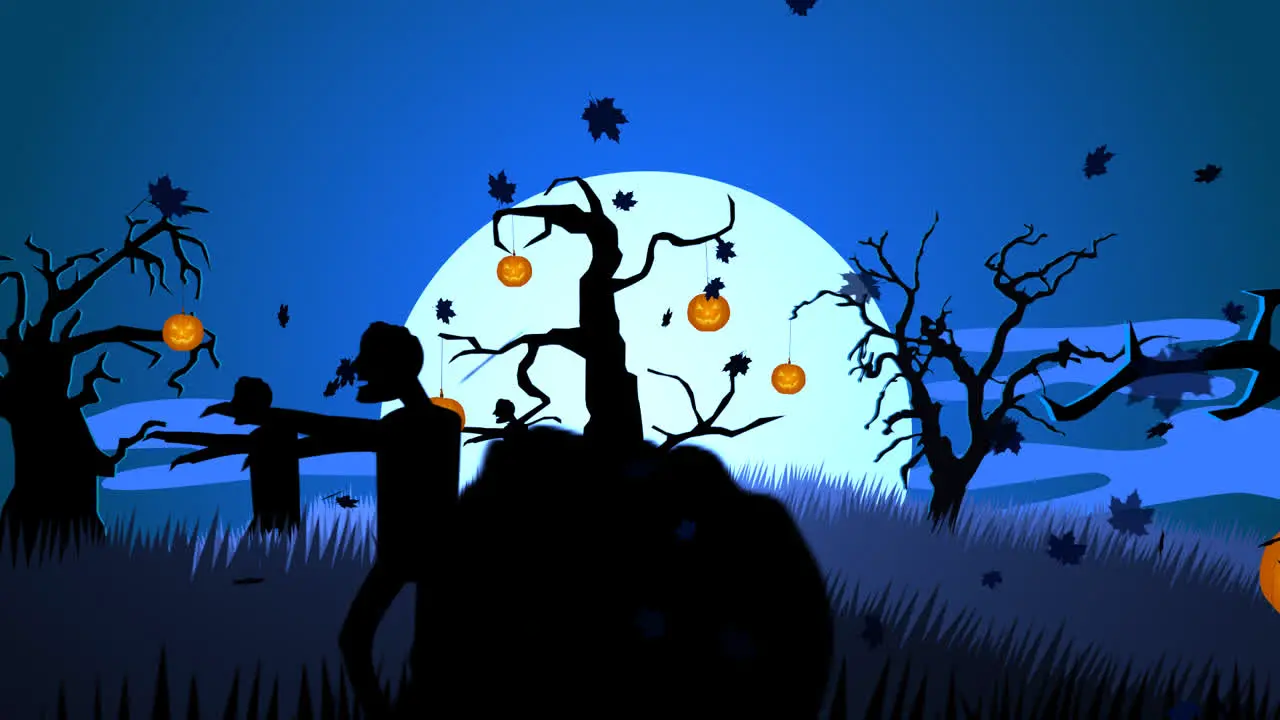 A scary autumn night Zombie walking on the haunted mysterious graveyard with dark silhouettes of spooky trees full of creepy jack-o lanterns Full moon is raising