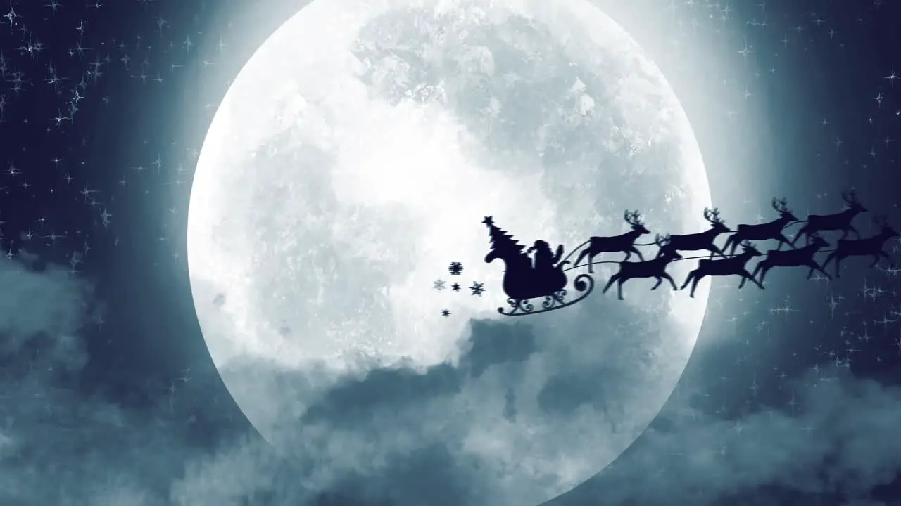 Santa clause sleigh and reindeer flying over the moon