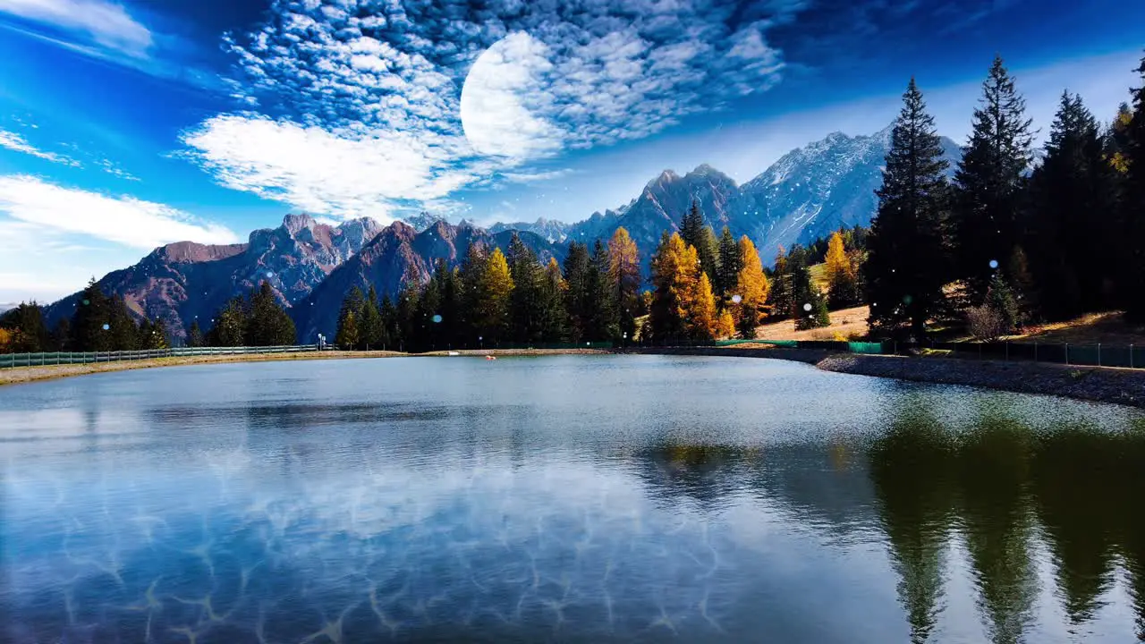 Wide angle autumn with mountains and lake Animated