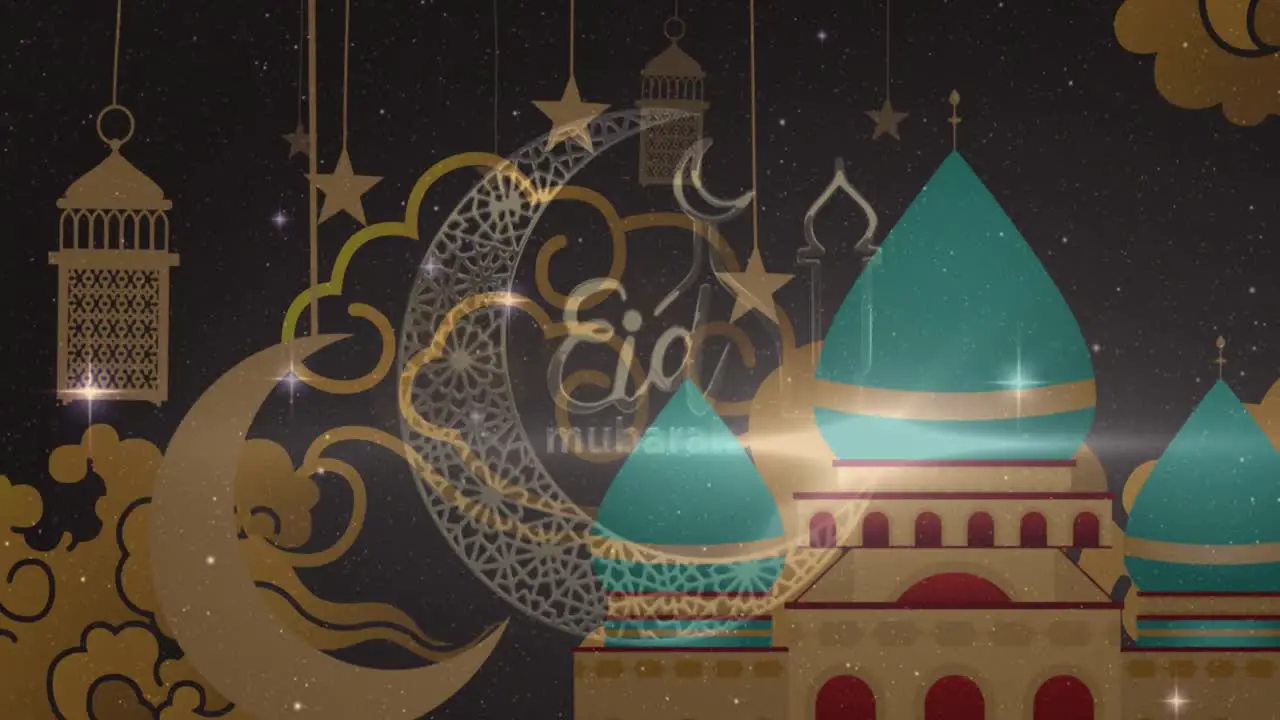 Animation of eid mubarak logo and text over moons and mosque